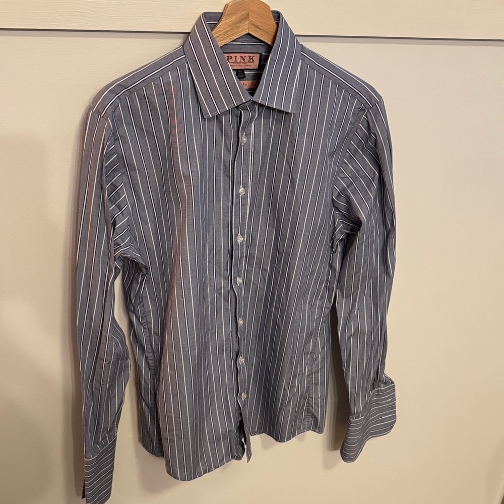 Thomas Pink Men's Dress Shirt Slim Fit French Cuff Blue White Striped Size 15.5